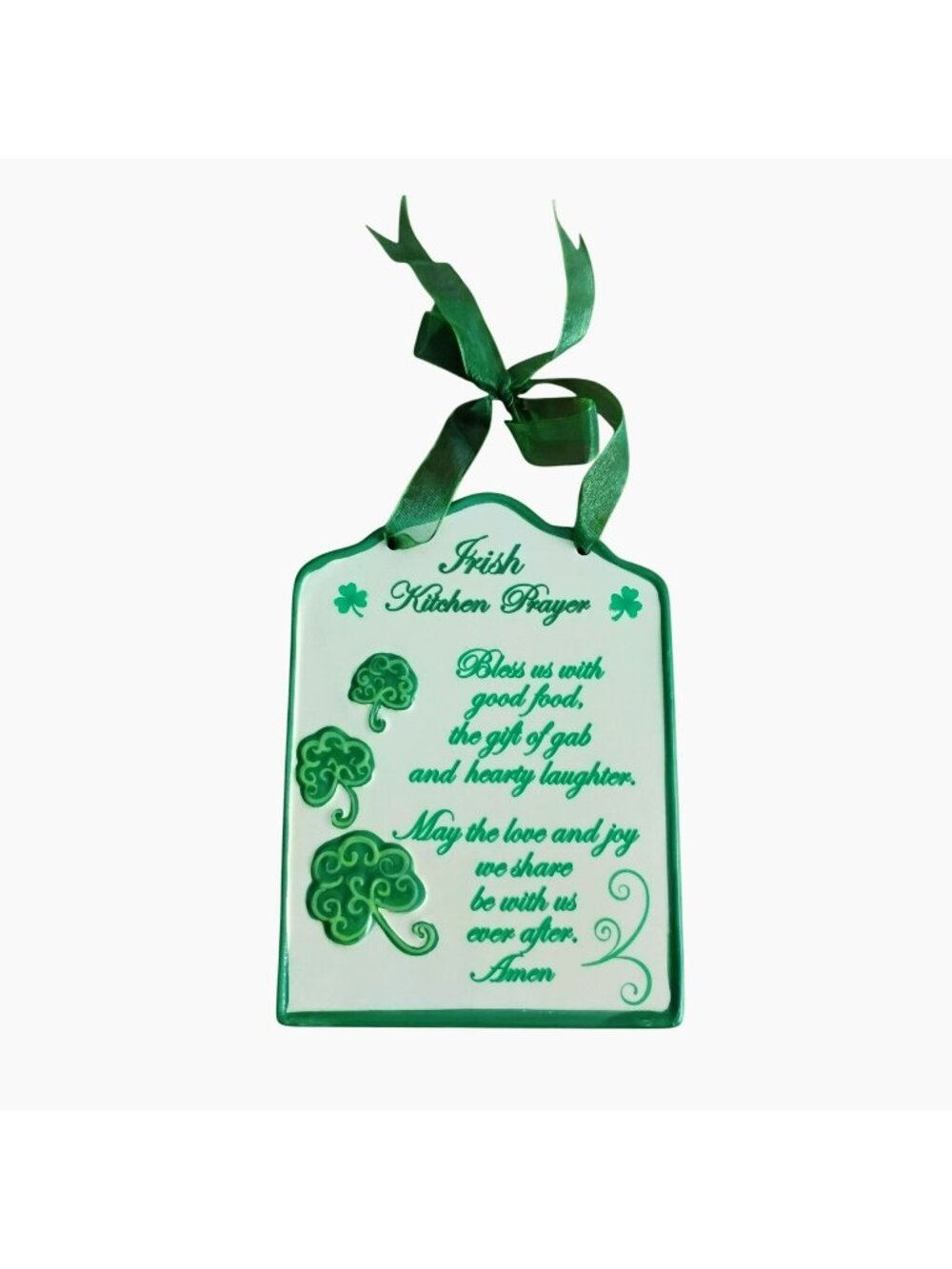 Irish Kitchen Prayer Plaque Wall Hanging With Shamrock Clover Design 7" Ceramic